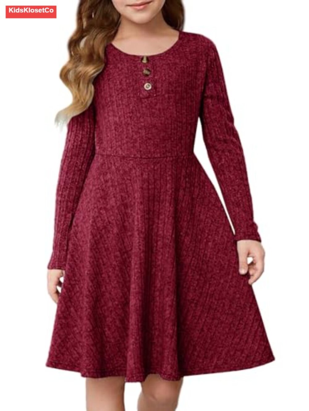 Girls Ribbed Knit Long Sleeve Sweater Dress with Pockets